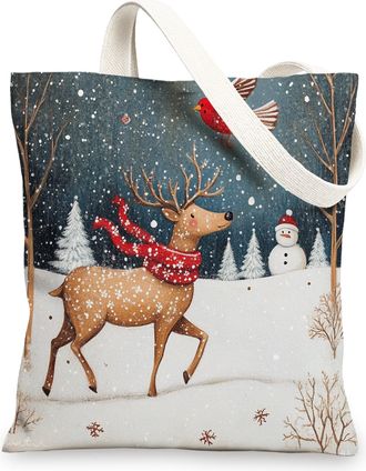Generic Winter Merry Christmas Reindeer Deer Canvas Tote Bag for Shopping 13x15, Snowman Cardinal Xmas Animal Reusable Grocery Print Bag for Women Men, Holida