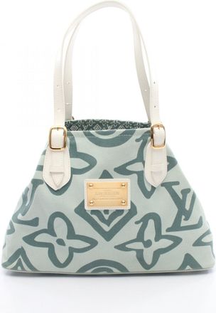 Louis Vuitton Green White Canvas Leather Handbag Tote Bag (Pre-Owned)