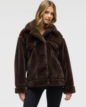 NVLT Womens Mink Faux Fur Jacket with Tape Trims