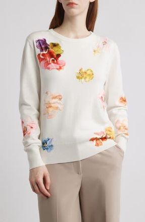 Elie Tahari The Jessamy Floral Appliqu&eacute; Sweater in Sky White Spring Flower at Nordstrom Rack, Size X-Small