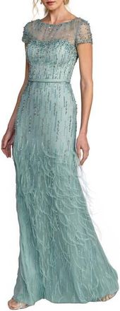 Mac Duggal Embellished Net Short Sleeve Feather Gown in Seafoam at Nordstrom, Size 14