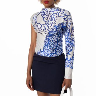 Ferragamo Womens Asymmetric Botanical Silk Top, Brand Size 38 ( US Size 4 )