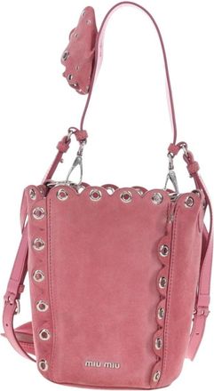 Miu Miu Convertible Bucket Leather With Applique Pink Suede Handbag (Pre-Owned)