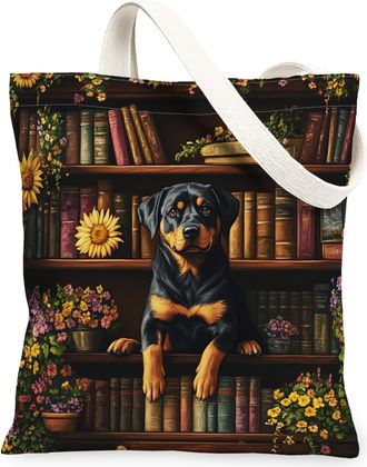 Generic Spring Rottweilers Dog Canvas Tote Bag for Shopping 13x15, Flower Bookshelf Puppy Reusable Grocery Print Bag for Women, Fun Pet Beach Aesthetic Painti