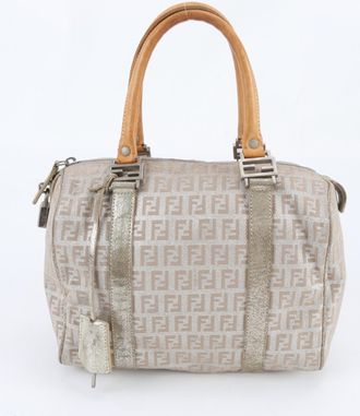 Fendi Zucchino Beige Brown Leather Canvas Handbag Tote Bag (Pre-Owned)