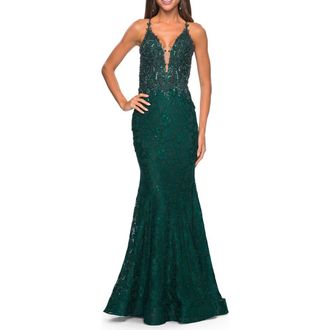 La Femme Exquisite Mermaid Lace Gown with Beaded Sheer Bodice in Dark Emerald at Nordstrom, Size 00