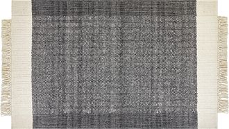 Beliani Alfombra De Lana Negro Blanco Crema 140 X 200 Cm Hecho A Mano Borlas Atlanti