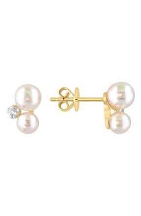 Effy 14K Yellow Gold 4-5mm Akoya Pearl & Diamond Stud Earrings - 0.04ct. in White at Nordstrom Rack