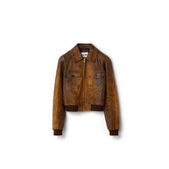 Miu Miu Waxed Suede Leather Jacket, Woman, Cognac, Size 36