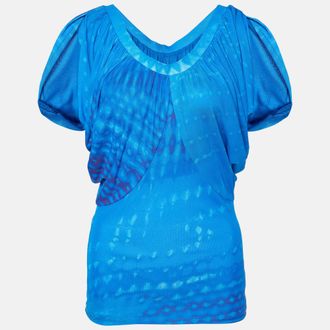 Roberto Cavalli Blue Printed Jersey Draped Sleeve Top