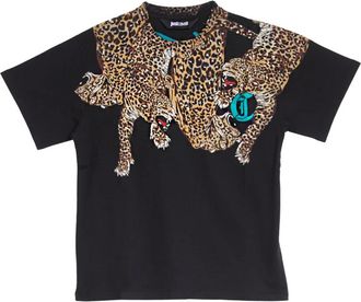 Just Cavalli Tops, Heren, Veelkleurig, M, Katoen, Leopard Neck T-shirt