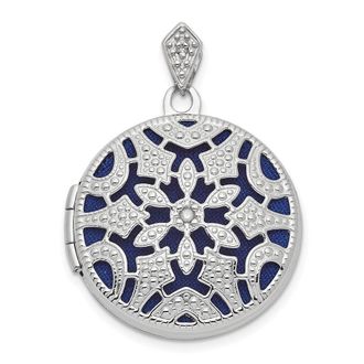Diamond2Deal 14k White Gold Diamond Filigree Blue Fabric Interior 20mm Round Locket