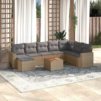 vidaXL Set De Sof&aacute;s De Jard&iacute;n Con Cojines 9 Pzas Rat&aacute;n Pe Beige Mezcla Vidaxl