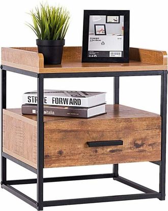 Costway Comodino a 2 Piani con Cassetto più Grande e Ripiano Rustico, Struttura in Ferro, 49x45x40cm - Costway