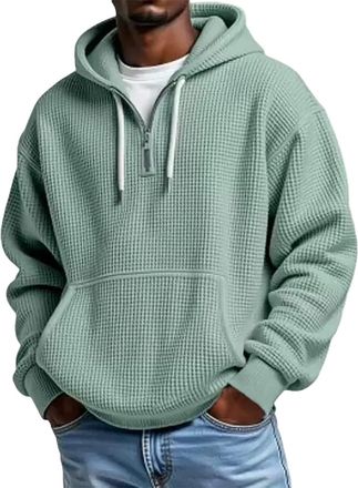 Generic Mens Half Zip Jumper Casual Solid Color Waffle Pullover Warm Long Sleeve Zip Up Hooded Sweatshirt with Pockets Fashion Lightweight Sweatshirts for Aut