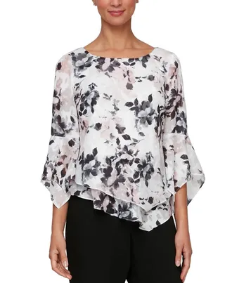 Alex Evenings Top Women Ivory Floral 3/4 Sleeve Scoop Neck Blouse PALL127