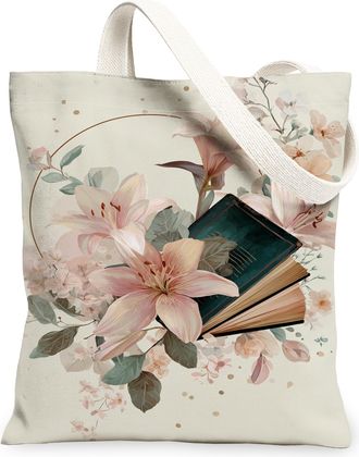Generic Floral Canvas Tote Bags, Vintage Elegant Reusable Grocery Bags, Lightweight Washable Shoulder Strap Canvas for Trave, Beige, 13x15 Inch