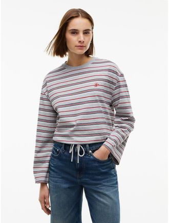 Tommy Hilfiger Womens Relaxed Fit Striped Drawcord T-Shirt - Stripe Light Grey - XL