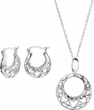 Gold & Honey Womens Heart Filigree Hoop Earrings And Pendant Necklace Set In Silver