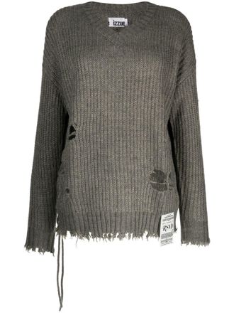 Izzue distressed-effect V-neck jumper - women - Acrylic/Nylon/Wool/Polyester - S - Green
