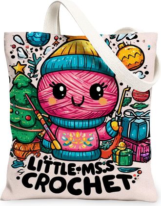 Generic Cute Crochet Yarn Canvas Tote Bags, Fanciful Craft Pattern Reusable Shopping Bags, Holiday Fun Lightweight Washable Shoulde, Peach, 13x15 Inch