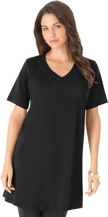 Roaman's Plus Size Ultimate Cotton V-Neck Short Sleeve Tunic in Black at Nordstrom, Size Medium