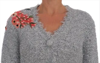 Dolce & Gabbana Silver Cardigan Floral Applique Womens Sweater