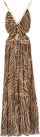 Just Cavalli Tigerprint Georgette Pliss&eacute; Jurk - Dames - Maxi kleedjes - Bruin - L - Polyester - Kleedjes