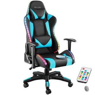 TecTake Silla de gaming, led, funci&oacute;n masaje, coj&iacute;n cuello y lumbar, celeste