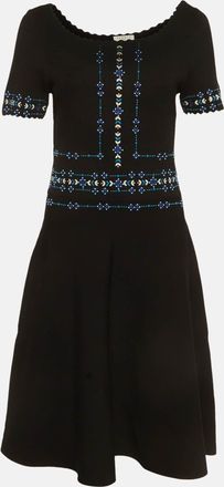 Sandro Black/blue Embroidered Stretch Knit Midi Dress