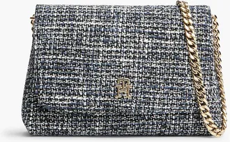 Tommy Hilfiger Womens Monogram Tweed Flap Crossbody Bag - Navy Multi