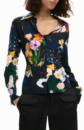 Desigual Printed Tie Back Button-Up Shirt in Black at Nordstrom, Size X-Large