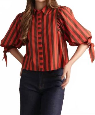 Entro Tie Sleeve Striped Button Up Blouse In Red