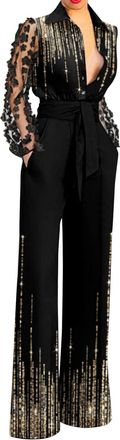 Generic Womens Lapel Sexy Deep V Lace Stitching Bell Bottoms Jumpsuit Jumpsuits Sequin Gold