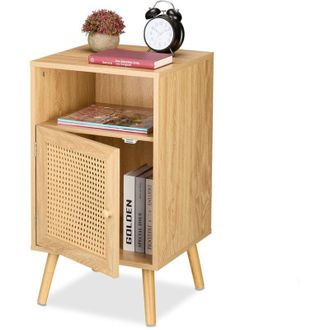 Relaxdays Relaxdays - Bedside Table, Rattan Door, Wood Effect, 72x40x39 cm, Open Shelf, Bedroom Nightstand, Side Cabinet, Natural