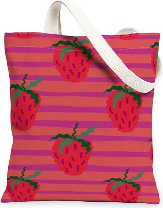 Generic Vintage Artistic Canvas Tote Bags, Strawberry Pattern Reusable Grocery Bags, Lightweight Washable Shoulder Strap Canvas for, Peach, 13x15 Inch