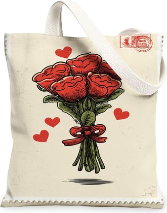 Generic Floral Canvas Tote Bags, Vintage Rose Heart Pattern Reusable Grocery Bags, Lightweight Washable Shoulder Strap Canvas for S, Beige, 13x15 Inch