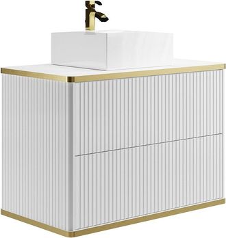 Vente-Unique Mueble de baño suspendido estriado con ribete dorado y lavabo sobre encimera - blanco - 80 cm - KELIZA