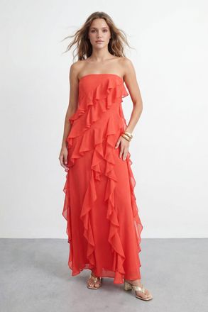 Warehouse Womens Bandeau Layered Ruffle Maxi Dress - Orange - Size 16 UK