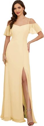 Ever-pretty Womens Ruffles One Shoulder Short Sleeve Empire Waist A Line Chiffon Long Bridesmaid Dresses with Side Slit Yellow 16UK