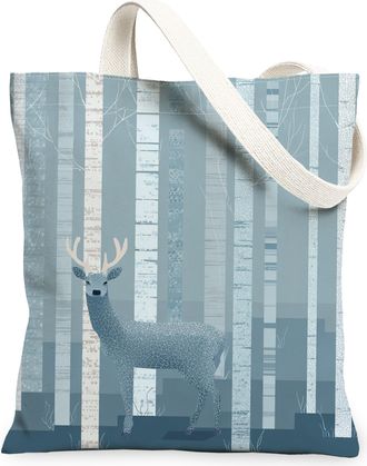Generic Winter Deer Canvas Tote Bags, Rustic Wildlife Print Reusable Grocery Bags, Lightweight Washable Shoulder Strap Canvas for G, Blue, 13x15 Inch