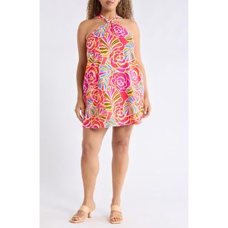 Sugarlips Ronan Floral Amory Halter Minidress in Pink Orange Blue at Nordstrom, Size 2X