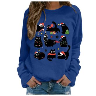 Generic Womens Christmas Jumper 2025 Cute Black Cat Xmas Tree Print Sweatshirt Funny Ugly Sweaters Ladies Christmas Jumpers Pullover Long Sleeve Crewneck Over