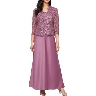 Alex Evenings Embroidered Mock Two-Piece Gown with Jacket in Dark Mauve at Nordstrom Rack, Size 14