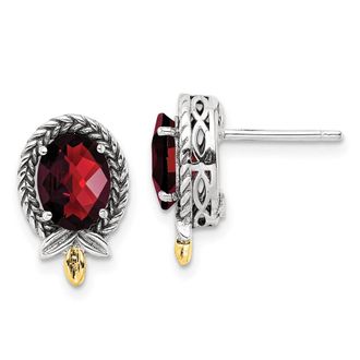 Diamond2Deal Sterling Silver with 14K Gold Accent Antiqued Checkerboard Oval Garnet Stud Earrings