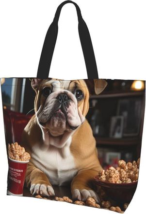 Generic Bulldog Popcorn Shoulder Bag Handle Shopper Bag Foldable Grocery Bags For College Travel Camping