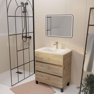 Aurlane Aurlane - Mueble De Ba&ntilde;o 70 Decorado Roble 3 Cajones Lavabo Blanco Y Espejo Led 70x50