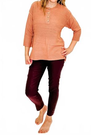 Multiples Button Up Henley Sweater In Salmon Pink