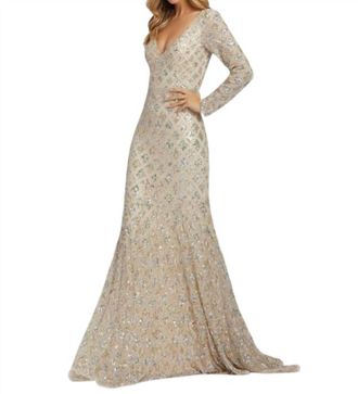 Mac Duggal Long Sleeve Embellished Dress In Nude