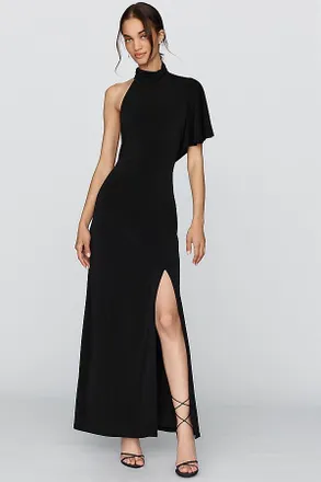 BHLDN Mock-Neck Asymmetrical Maxi Dress